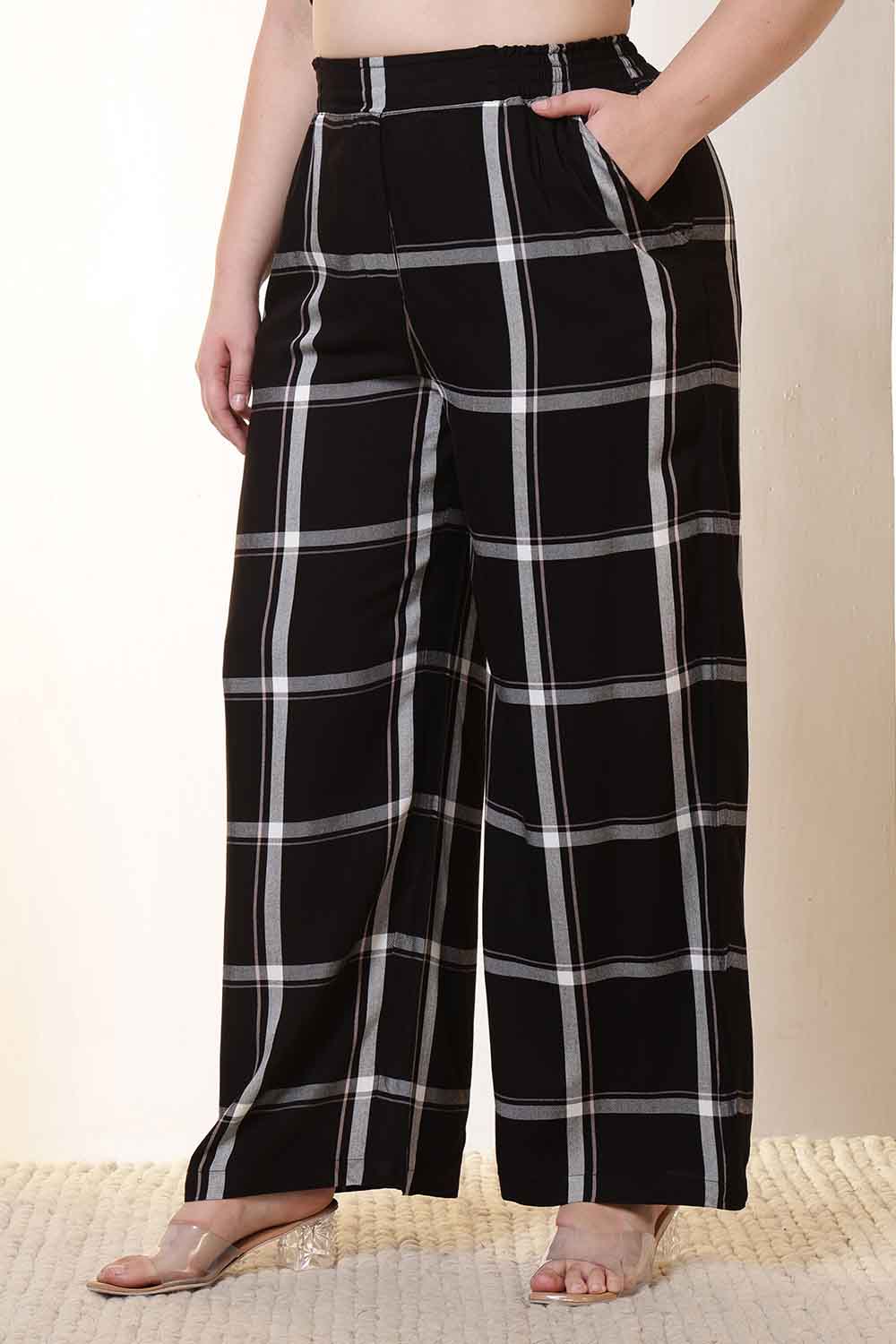 Plus Size Black & White Checkered Rayon Twill Shirt Coord Set