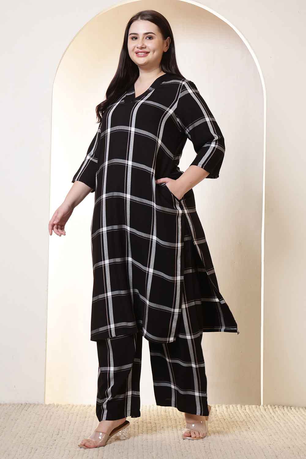 Plus Size Plus Size Black & White Checkered Rayon Twill Kurta Coord Set