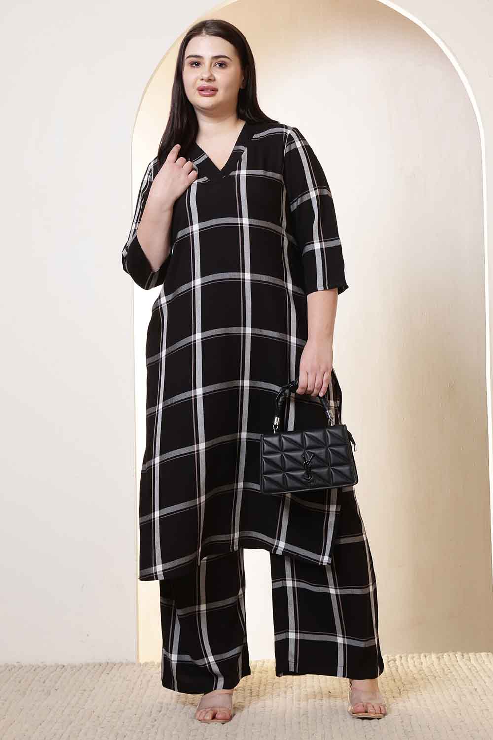 Plus Size Black & White Checkered Rayon Twill Kurta Coord Set