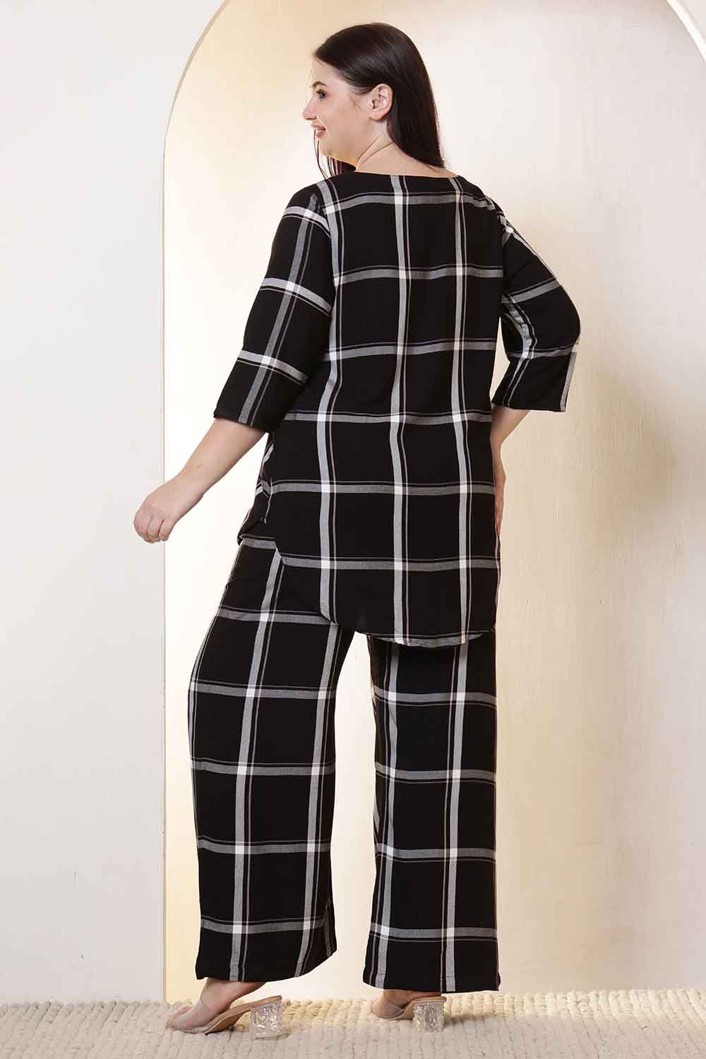 Comfortable Plus Size Black & White Checkered Rayon Twill Shirt Coord Set
