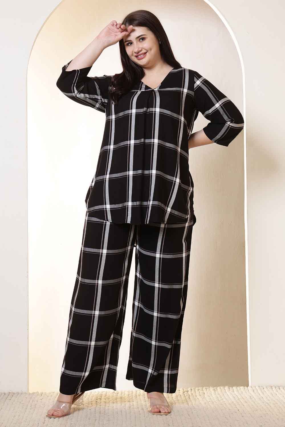 Plus Size Plus Size Black & White Checkered Rayon Twill Shirt Coord Set