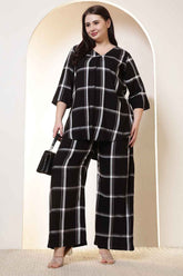 Plus Size Black & White Checkered Rayon Twill Shirt Coord Set