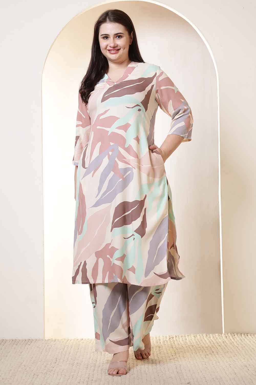 Plus Size Plus Size Multi-Color Abstract Print Rayon Kurta Coord Set