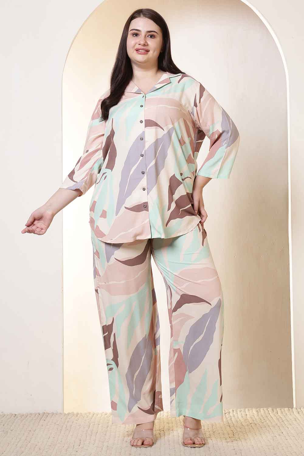 Plus Size Plus Size Multi-Color Abstract Print Rayon Shirt Coord Set