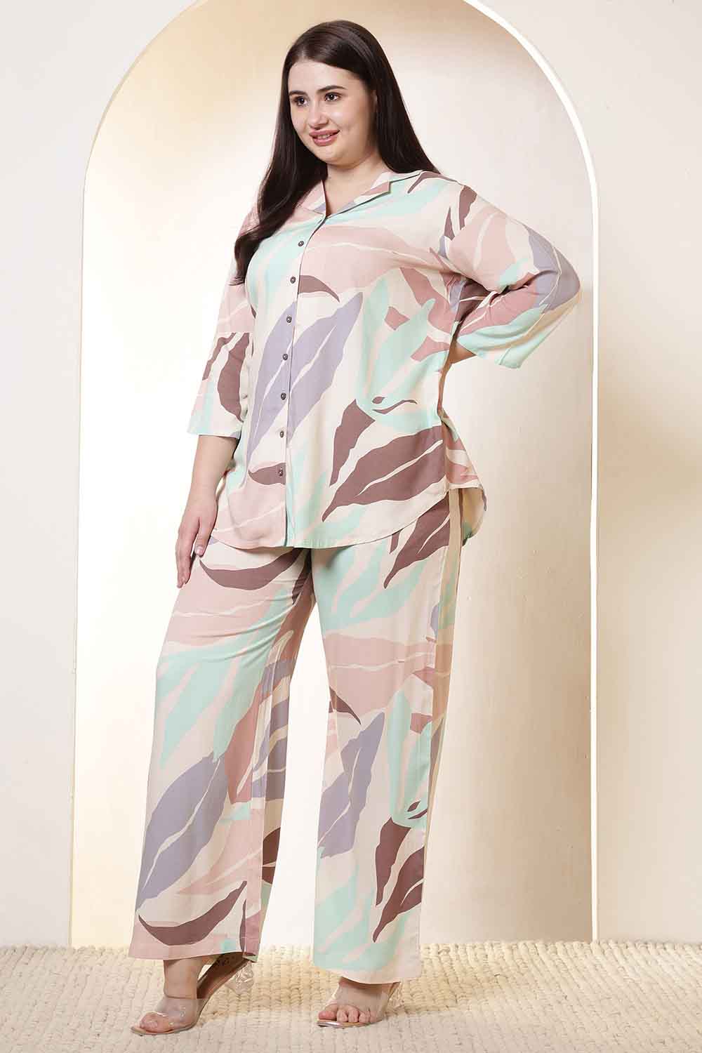 Plus Size Multi-Color Abstract Print Rayon Shirt Coord Set for Women