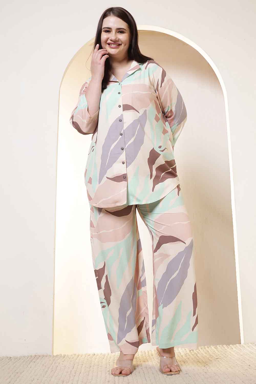 Comfortable Plus Size Multi-Color Abstract Print Rayon Shirt Coord Set