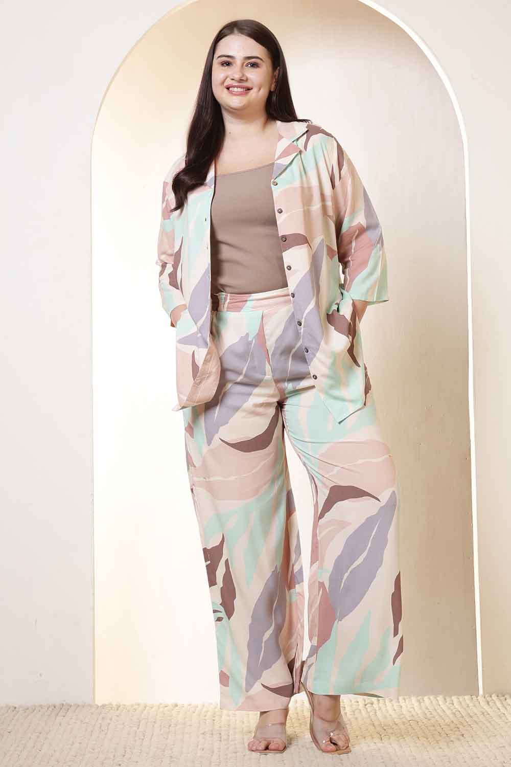 Plus Size Multi-Color Abstract Print Rayon Shirt Coord Set
