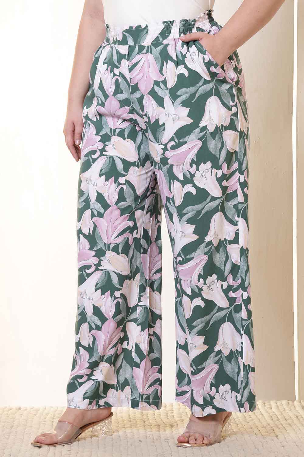 Plus Size Green & Pink Flower Print Rayon Kura Coord Set
