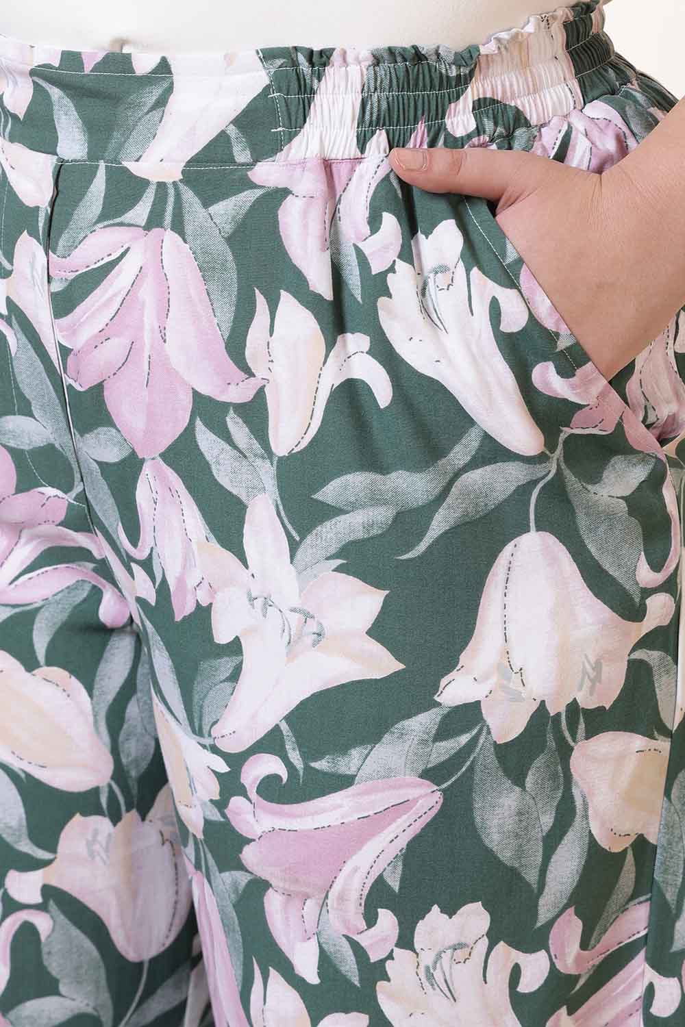 Plus Size Green & Pink Flower Print Rayon Kura Coord Set