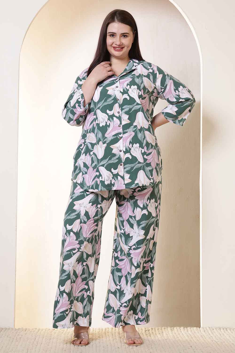 Plus Size Green & Pink Flower Print Rayon Shirt Coord Set for Women