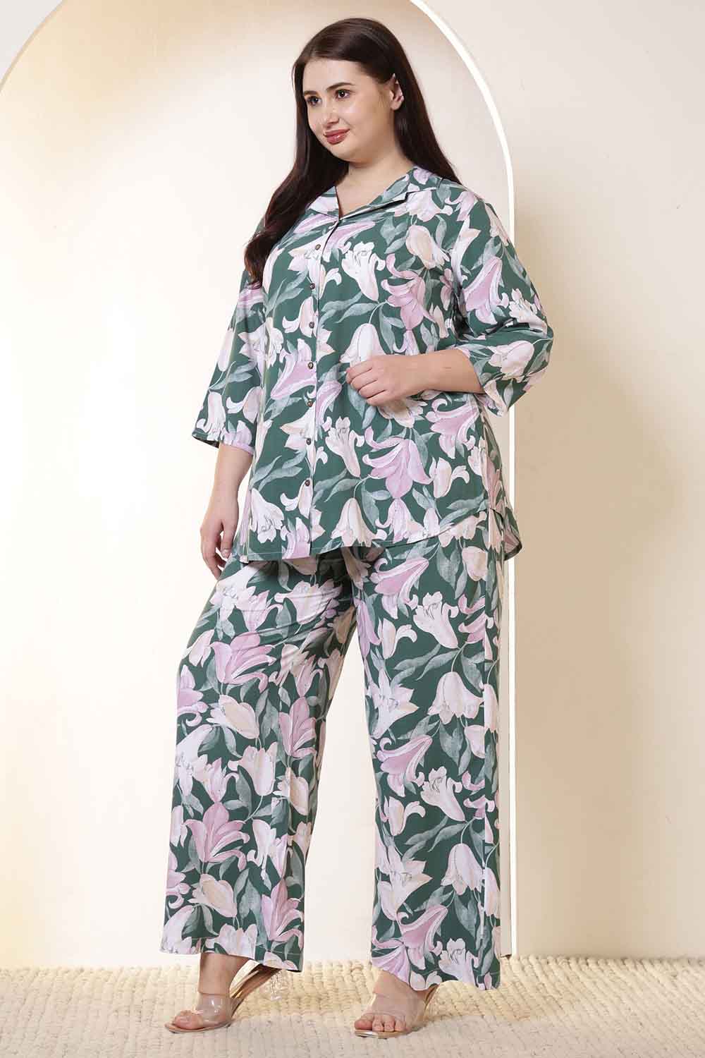 Comfortable Plus Size Green & Pink Flower Print Rayon Shirt Coord Set