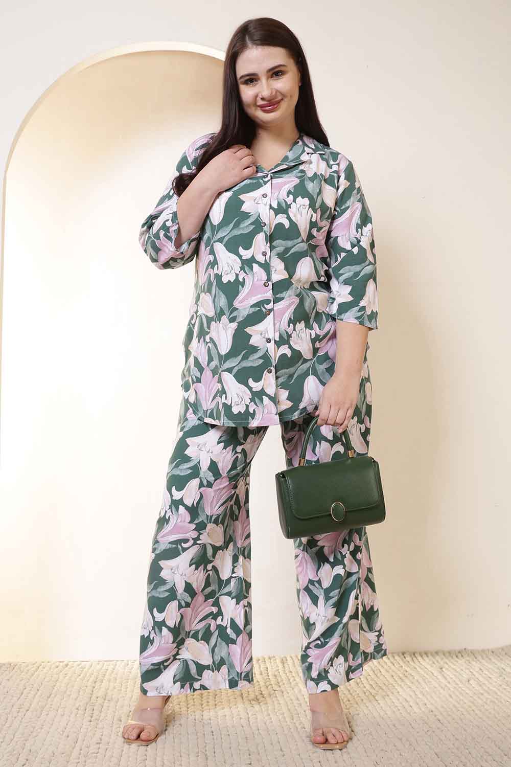 Plus Size Plus Size Green & Pink Flower Print Rayon Shirt Coord Set