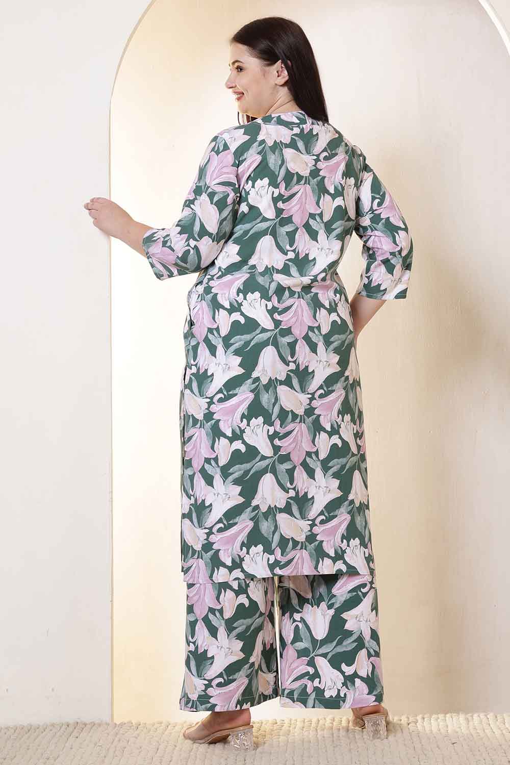 Plus Size Green & Pink Flower Print Rayon Kura Coord Set
