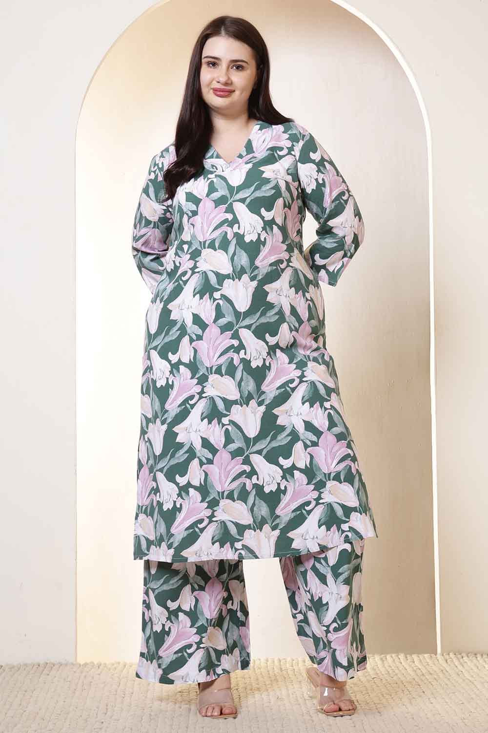 Plus Size Green & Pink Flower Print Rayon Kurta Coord Set