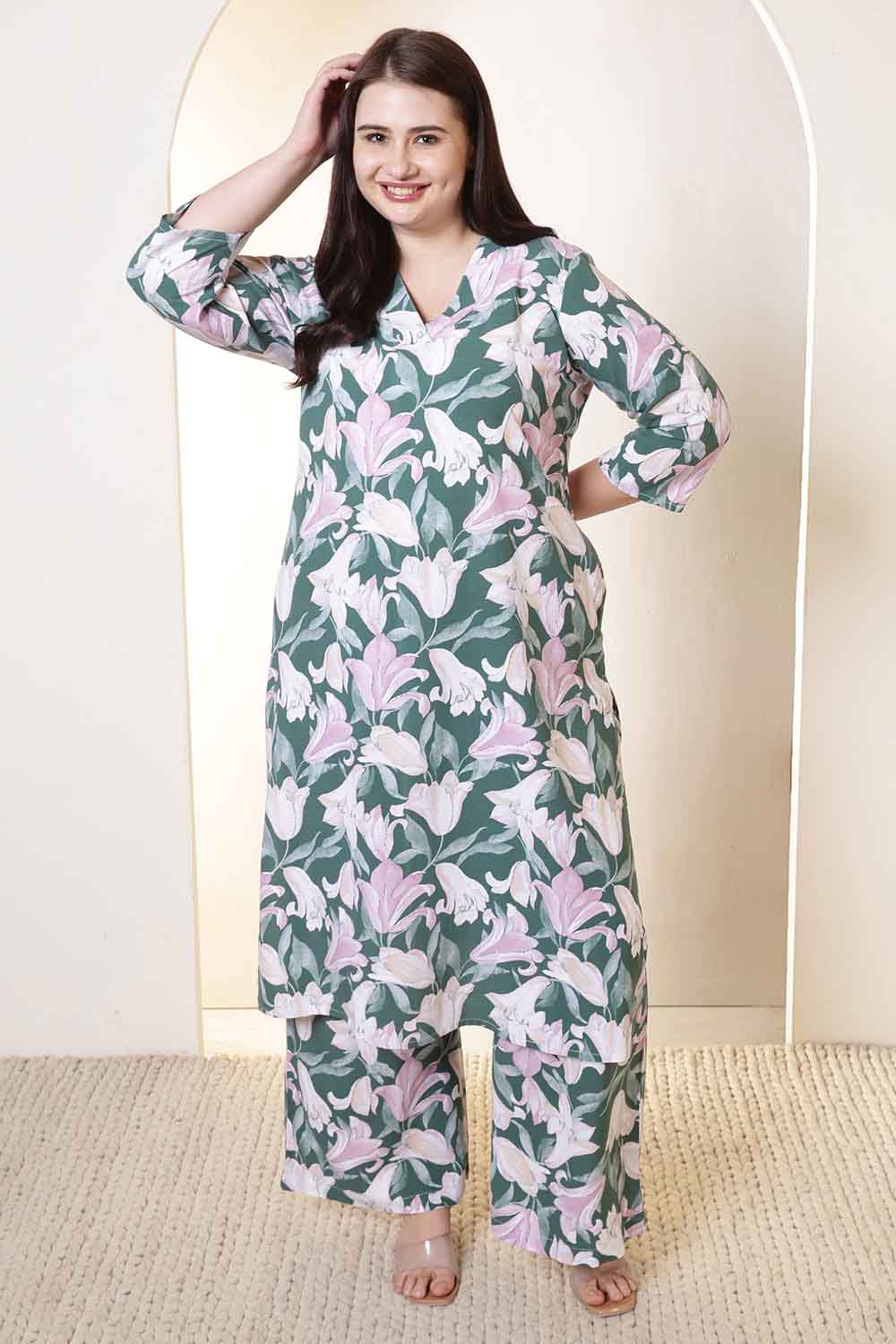 Plus Size Green & Pink Flower Print Rayon Kura Coord Set for Women
