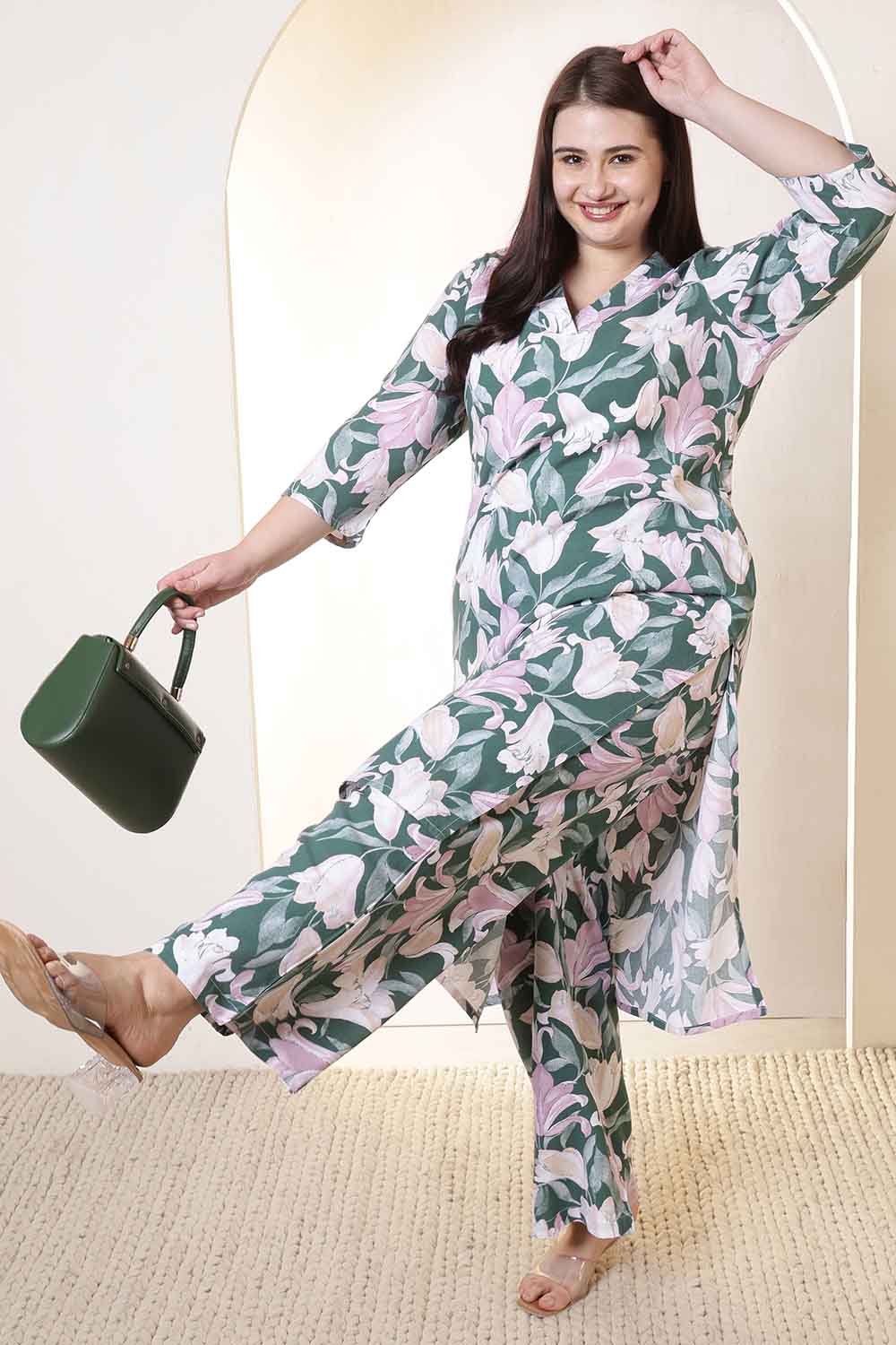Plus Size Green & Pink Flower Print Rayon Kurta Coord Set
