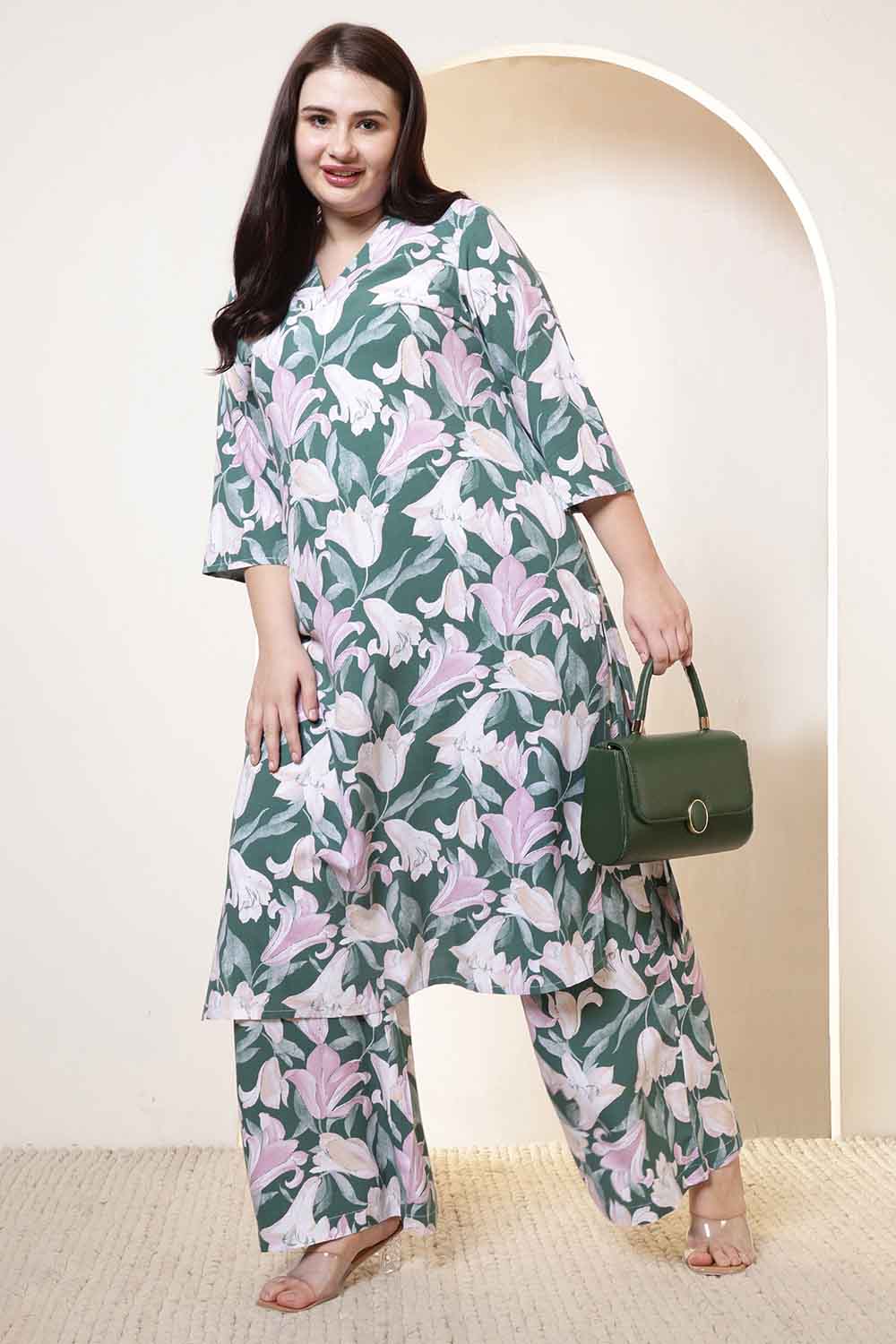 Comfortable Plus Size Green & Pink Flower Print Rayon Kura Coord Set