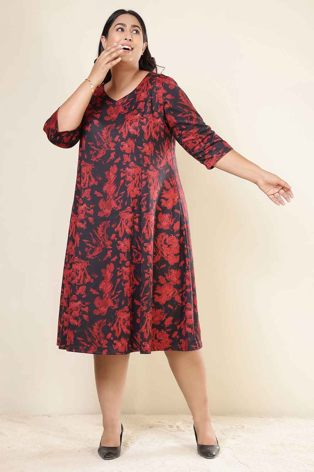 Plus Size Plus Size Red Floral A Line SnugWeave™ Dress