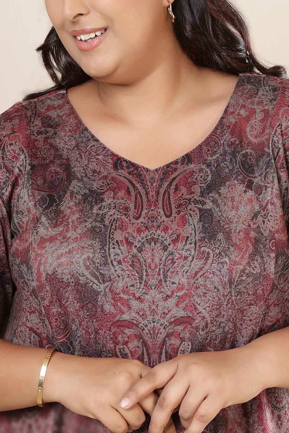 Comfortable Plus Size Maroon Paisley SnugWeave™ Dress