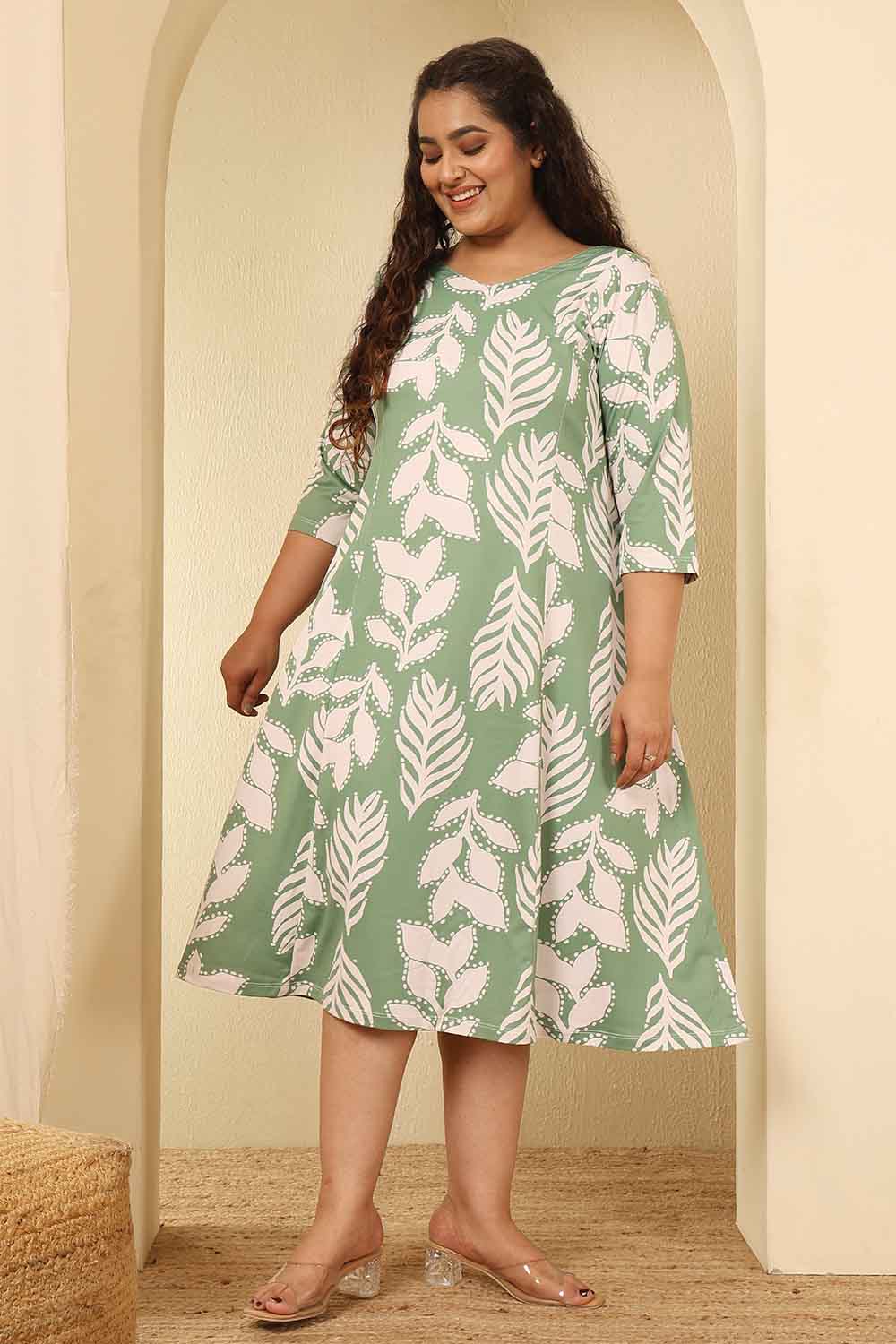 Plus Size Sage Green Leaf Print A Line Dress