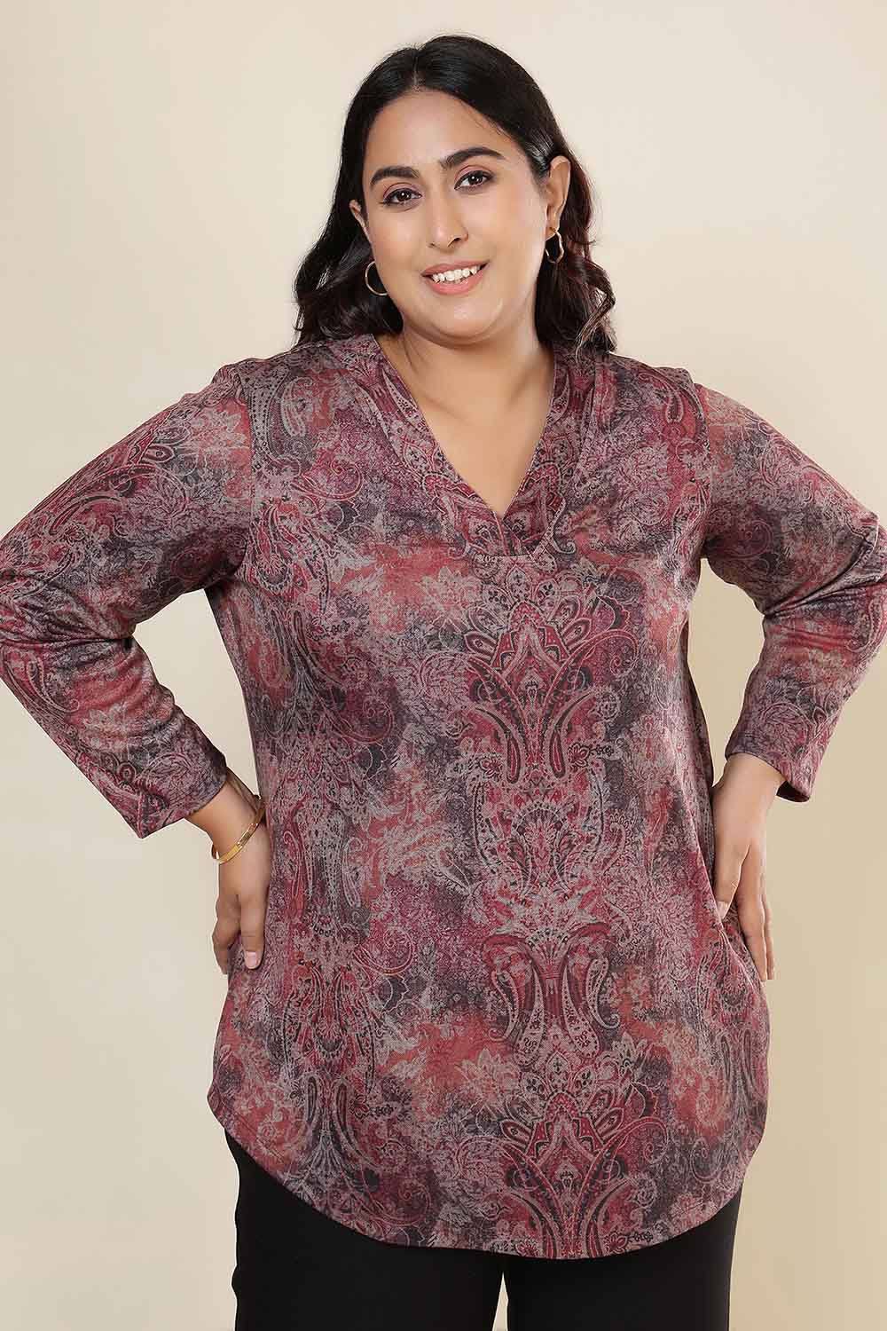 Plus Size Maroon Paisley  V Neck SnugWeave™ Winter Top