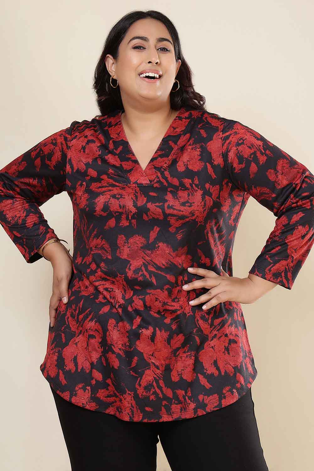 Plus Size Red Floral V Neck SnugWeave™ Top