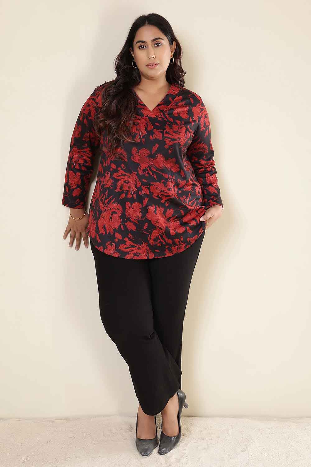 Plus Size Red Floral V Neck SnugWeave™ Top