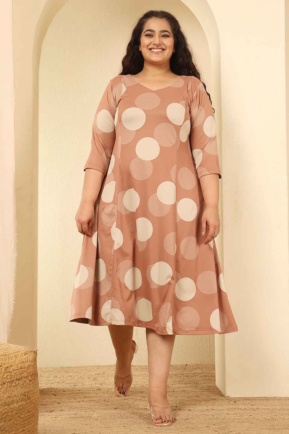 Plus Size Mocha Brown Polka Print A Line Dress