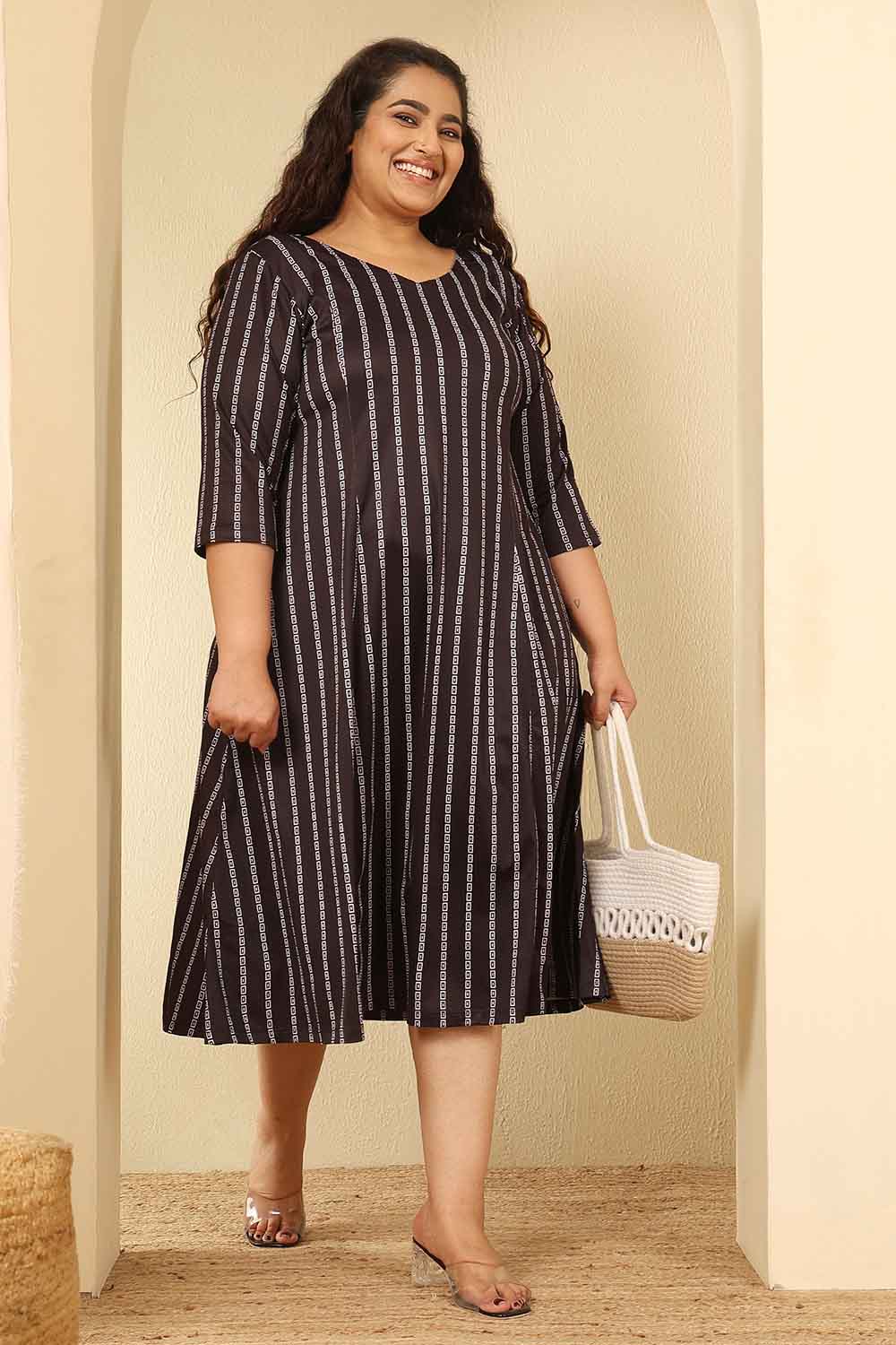 Plus Size Black Stripes A Line Dress Plus Size Black Stripes A Line Dress