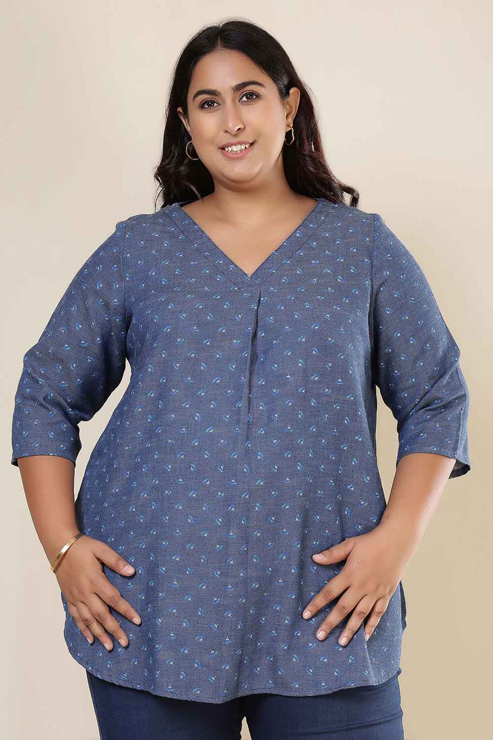 Plus Size Floral Weave Cotton Denim Top
