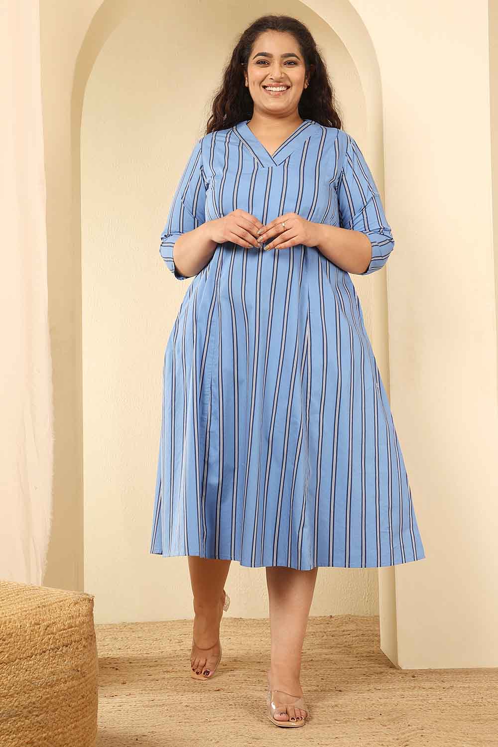 Plus Size Plus Size Sky Blue Striped Cotton Midi Dress