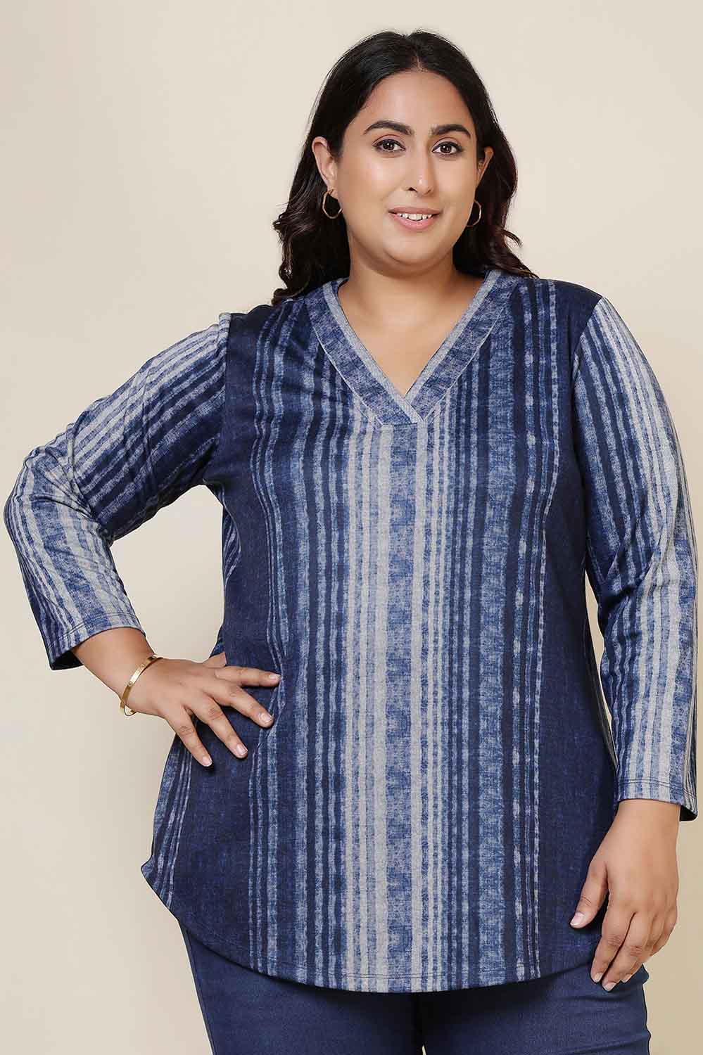 Buy Plus Size Blue Vertical Stripe SnugWeave™ V Neck Top