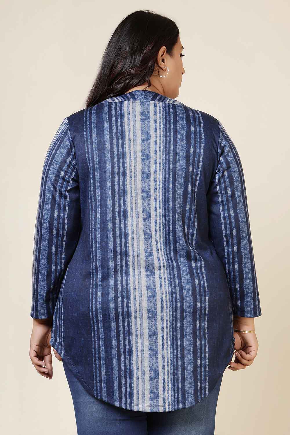 Plus Size Blue Vertical Stripe SnugWeave™ V Neck Top