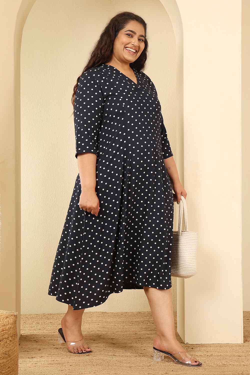 Plus Size Navy Blue Polka Dot Cotton Midi Dress