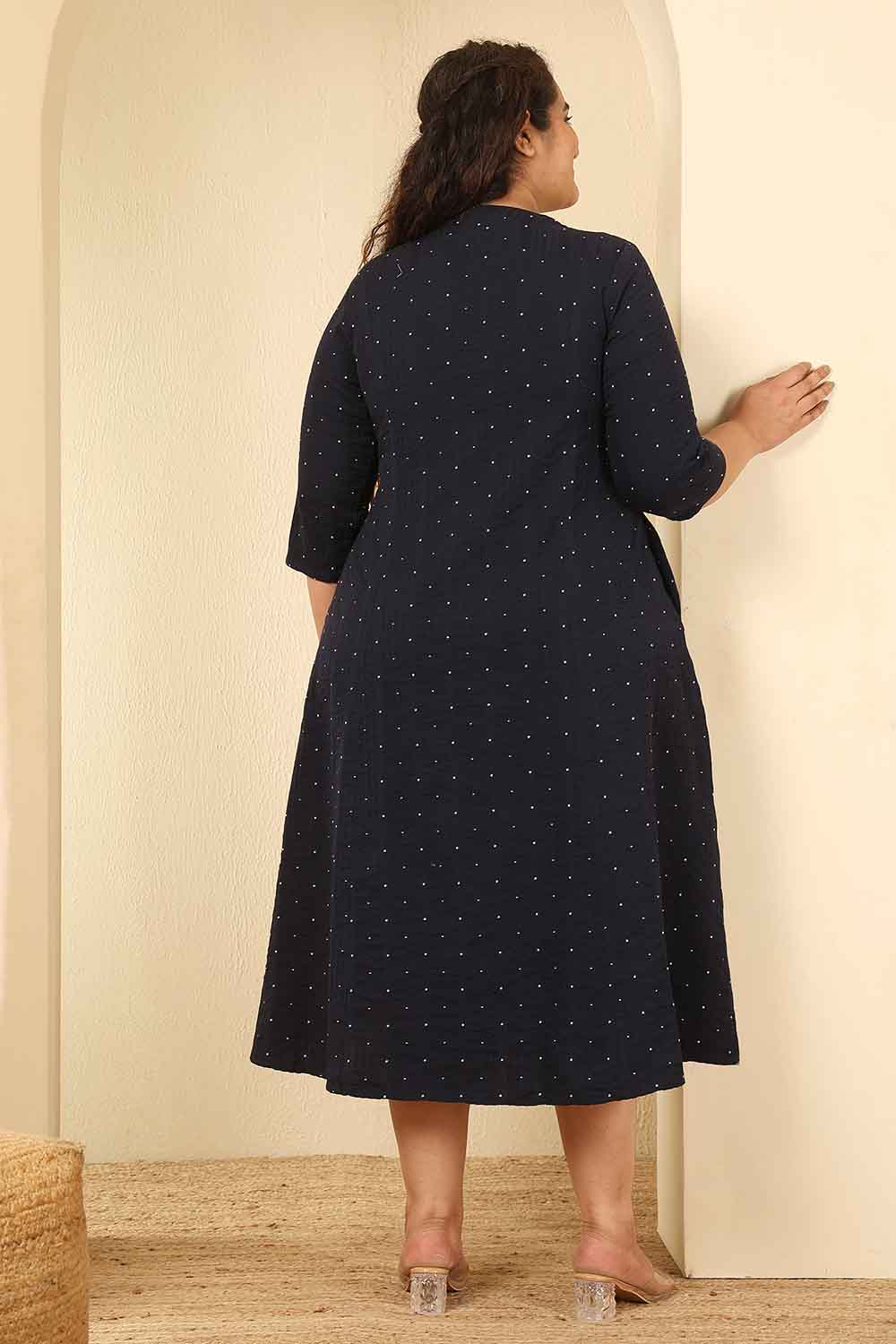 Plus Size Navy Blue Dobby Weave Cotton Midi Dress