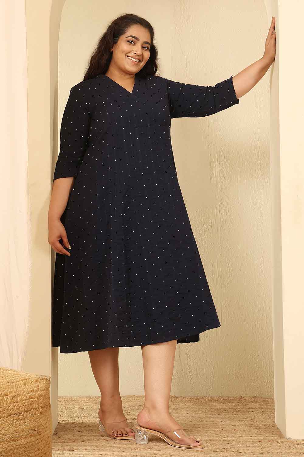 Plus Size Navy Blue Dobby Weave Cotton Midi Dress for Women