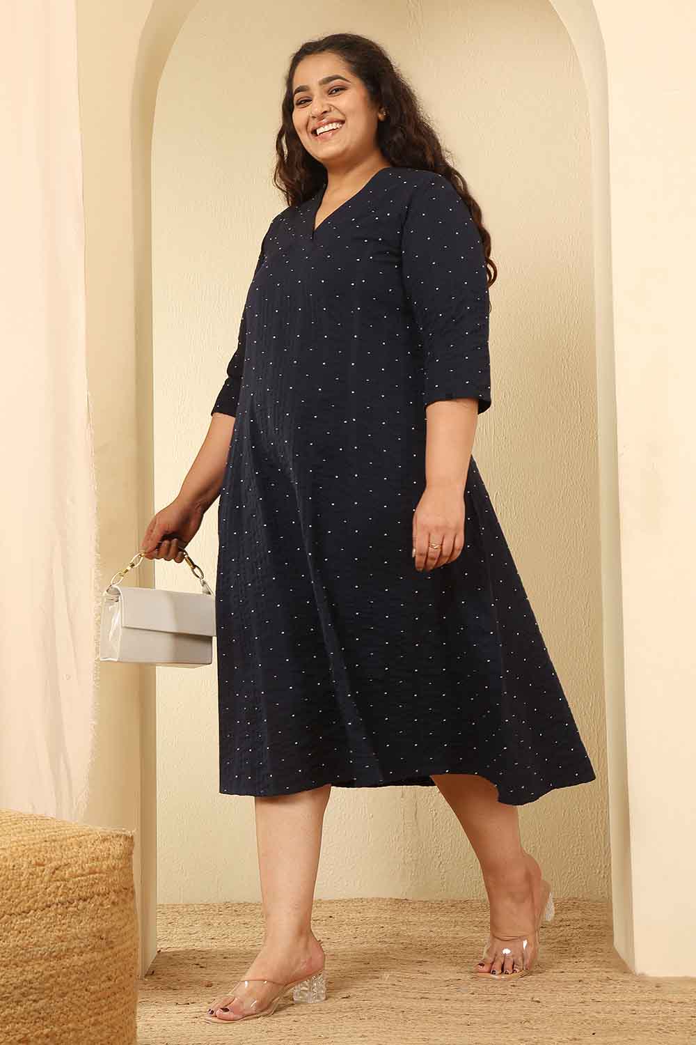 Plus Size Navy Blue Dobby Weave Cotton Midi Dress