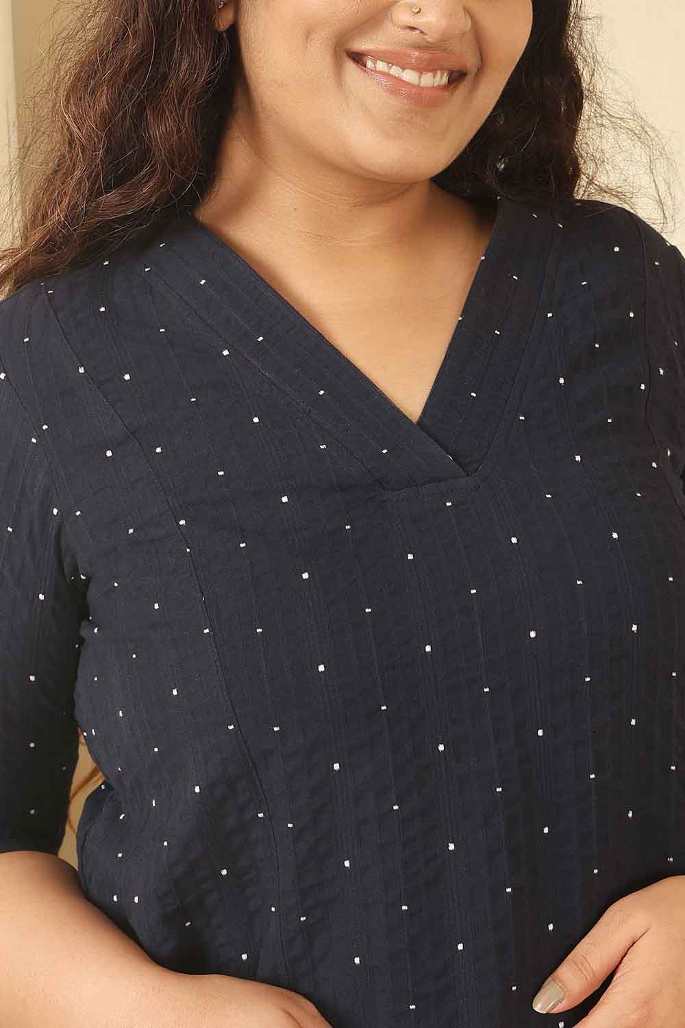 Plus Size Navy Blue Dobby Weave Cotton Midi Dress