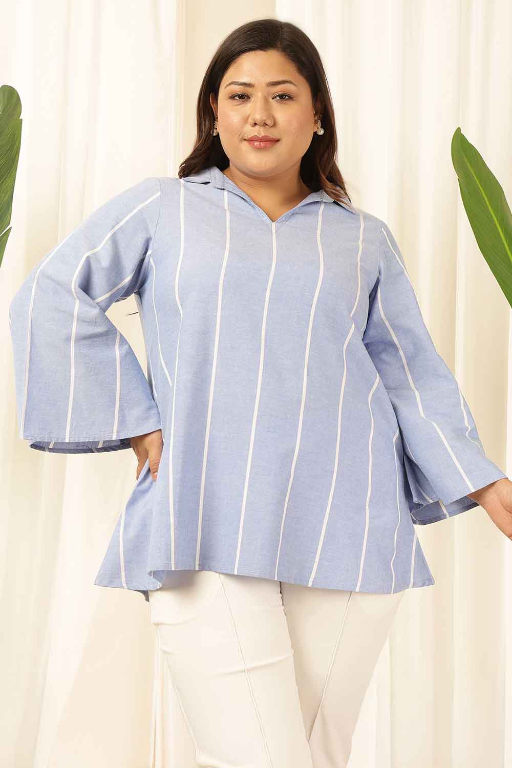 Plus Size Blue Striped Chambray Top