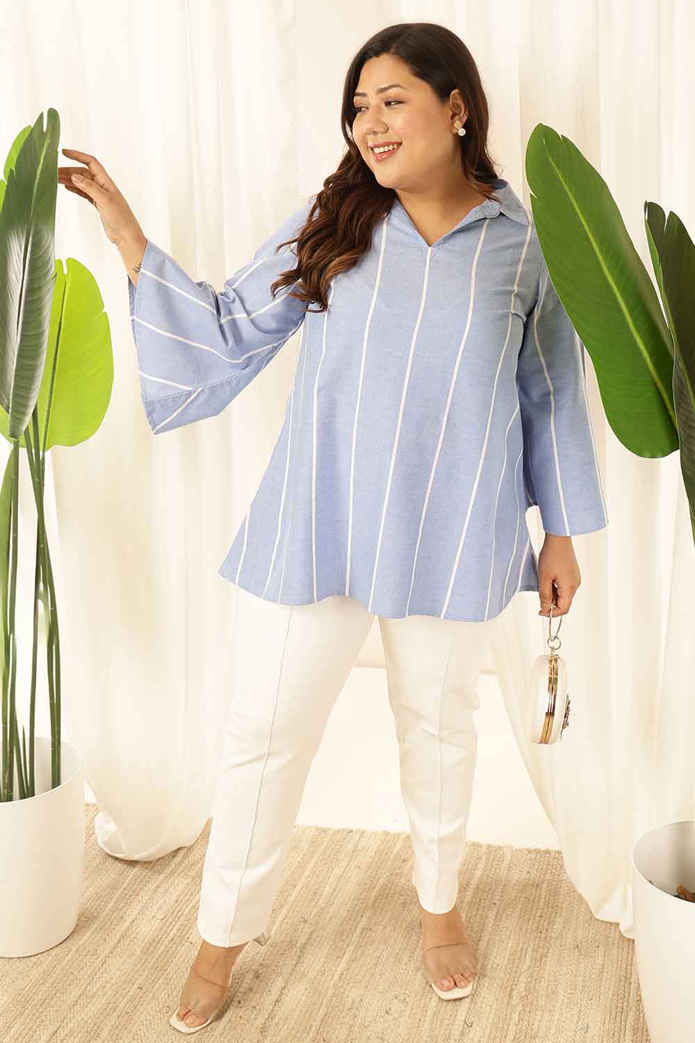 Plus Size Blue Striped Chambray Top