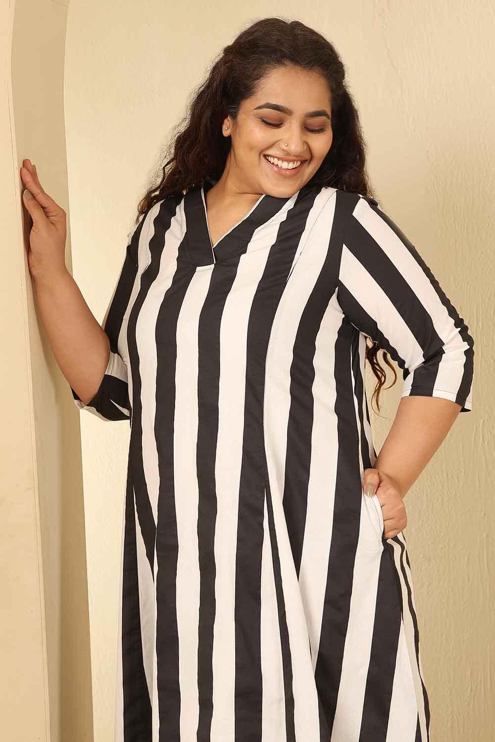Plus Size Bold Striped Cotton Midi Dress