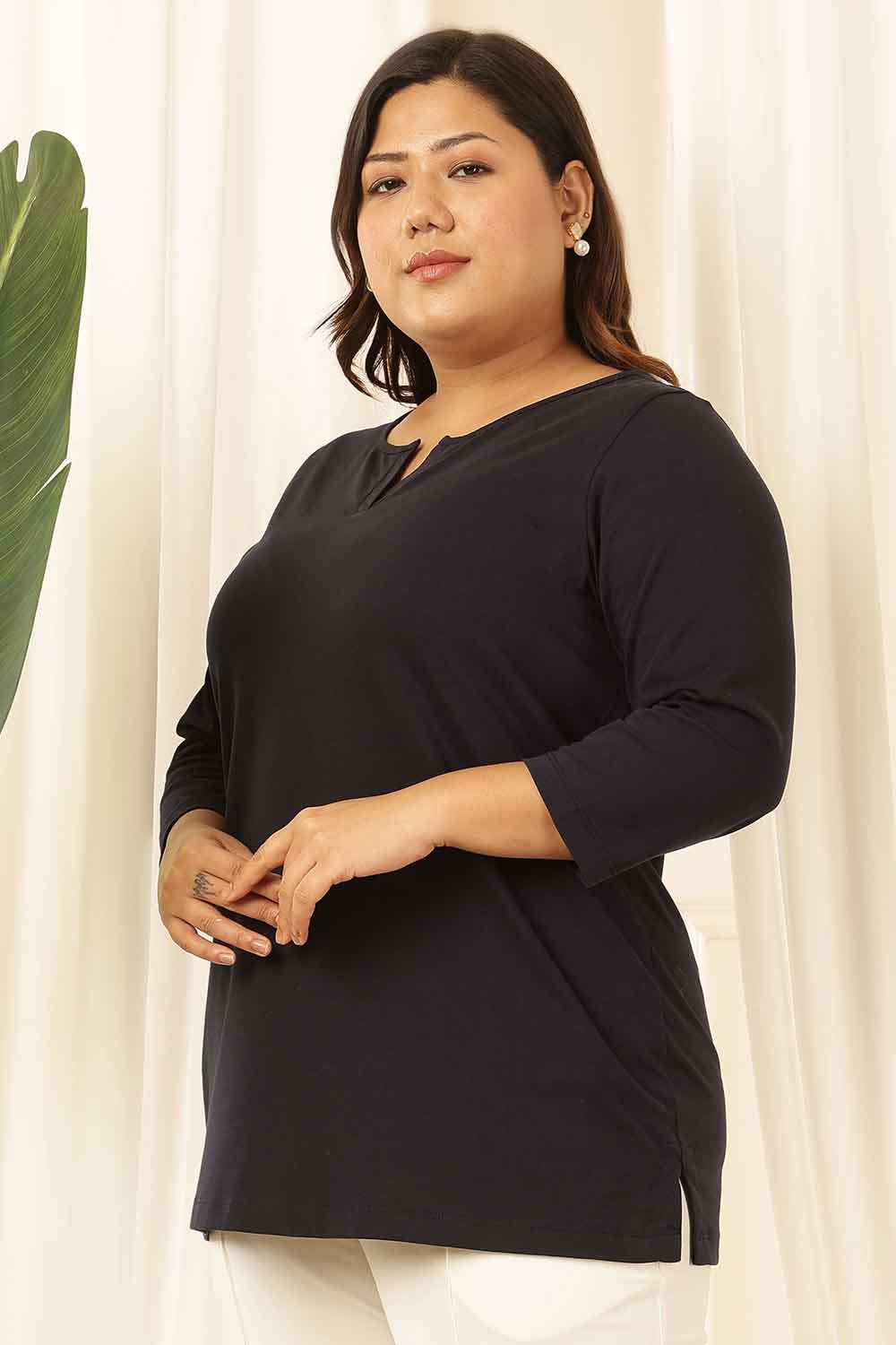 Plus Size Plus Size Navy Henley Cotton Tshirt