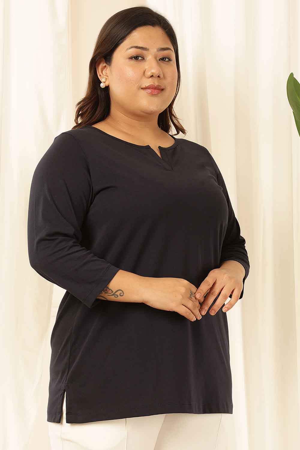 Plus Size Navy Henley Cotton Tshirt for Women