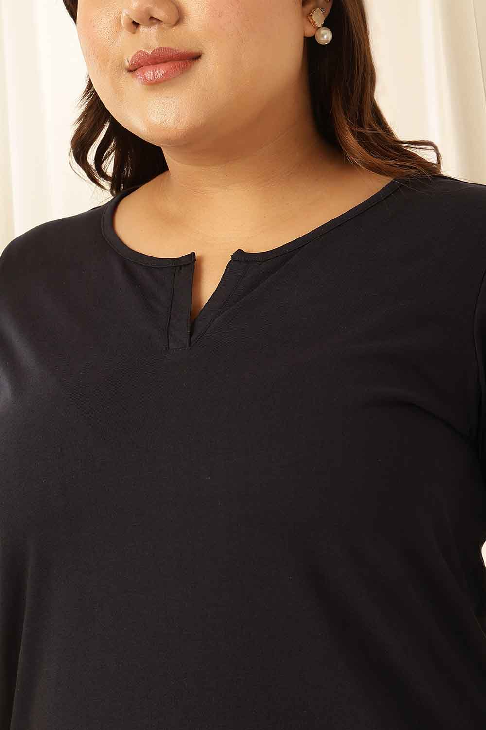 Comfortable Plus Size Navy Henley Cotton Tshirt