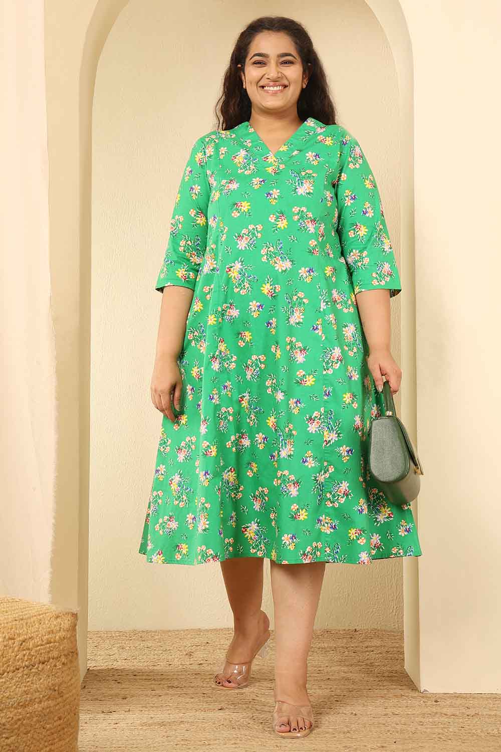 Plus Size Green Floral Print Cotton Midi Dress