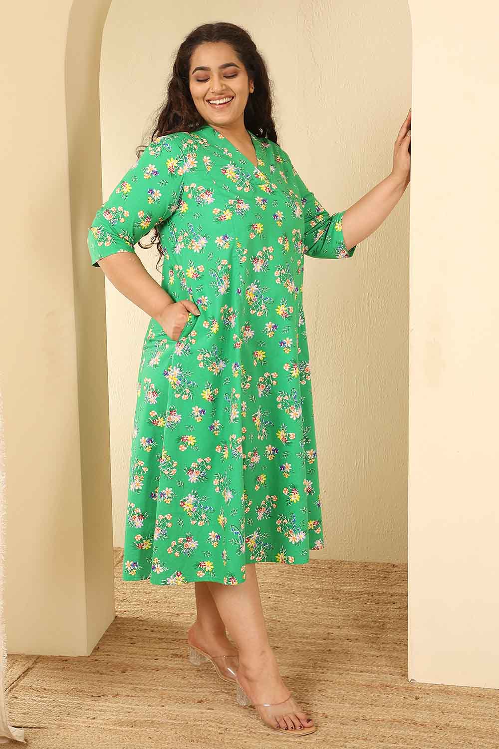 Comfortable Plus Size Green Floral Print Cotton Midi Dress