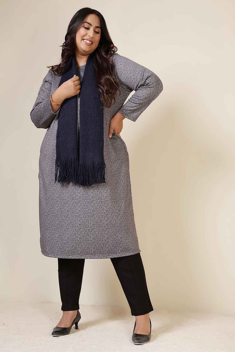 Plus Size Grey Melange Round Neck SnugWeave™ Winter Kurta