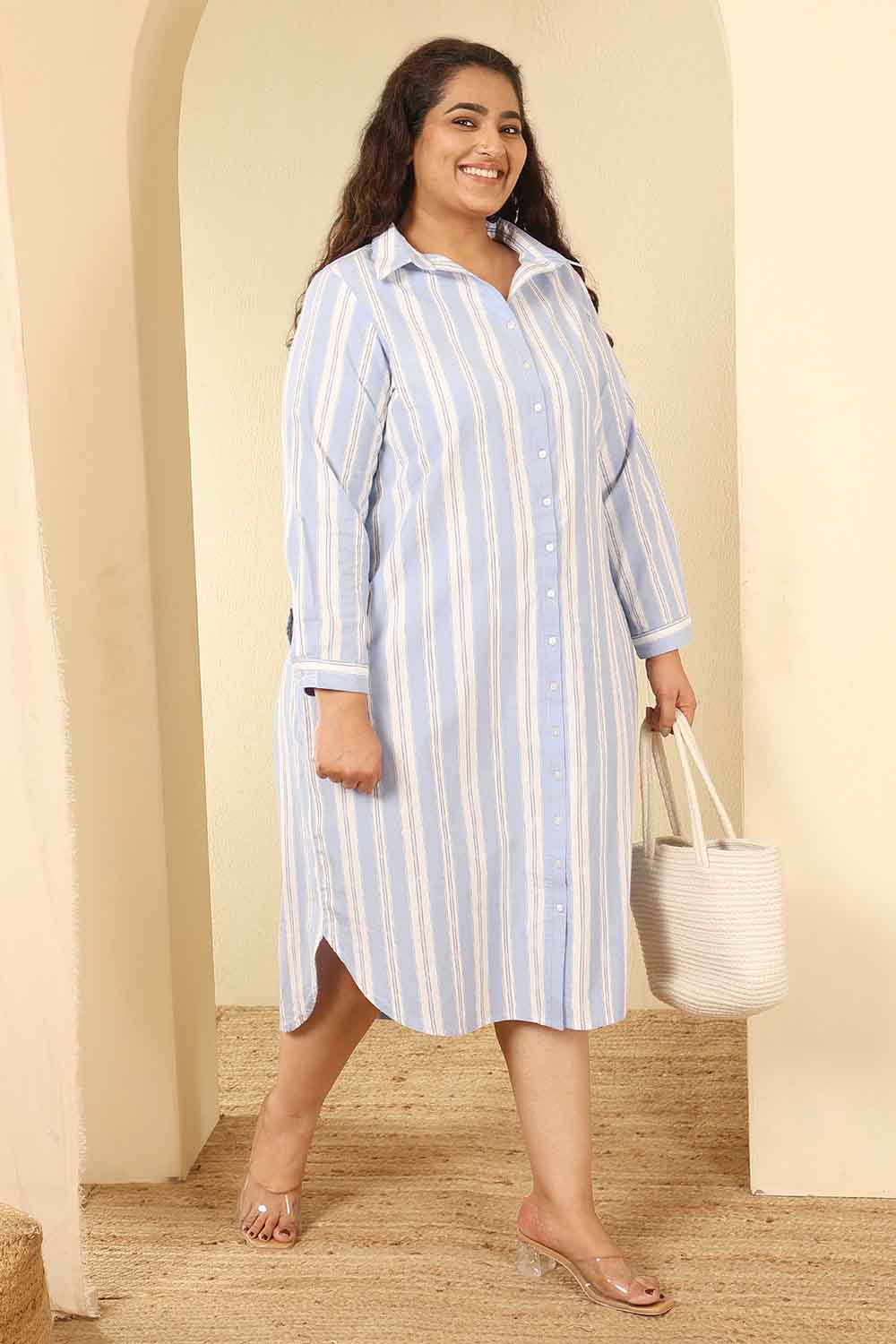 Plus Size Powder Blue Striped Cotton Shirt Dress
