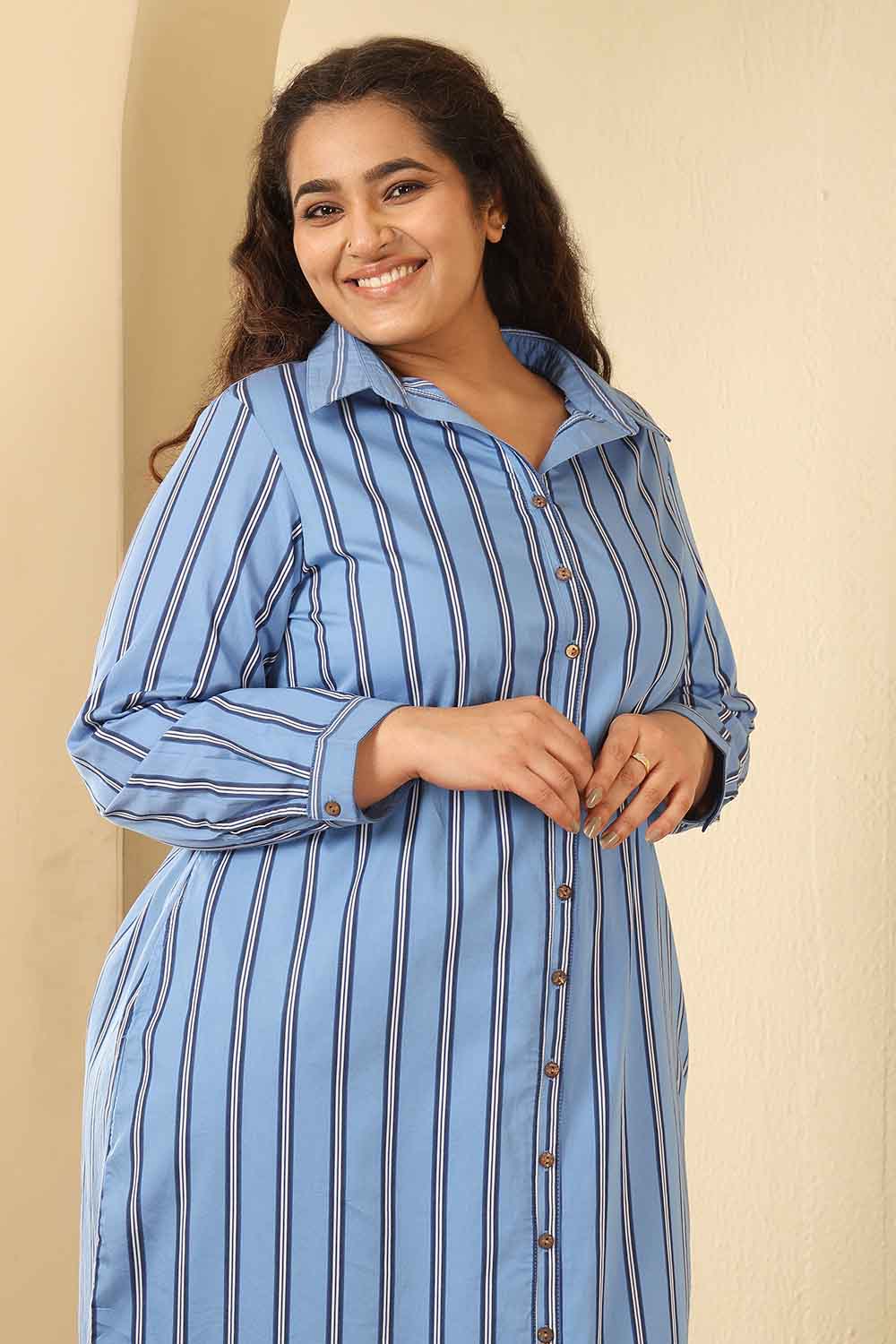 Plus Size Sky Blue Striped Cotton Shirt Dress