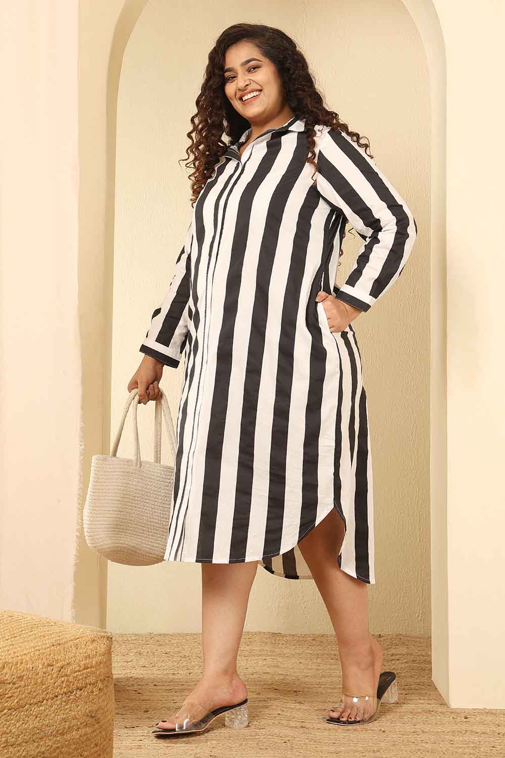 Plus Size Bold Striped Cotton Shirt Dress